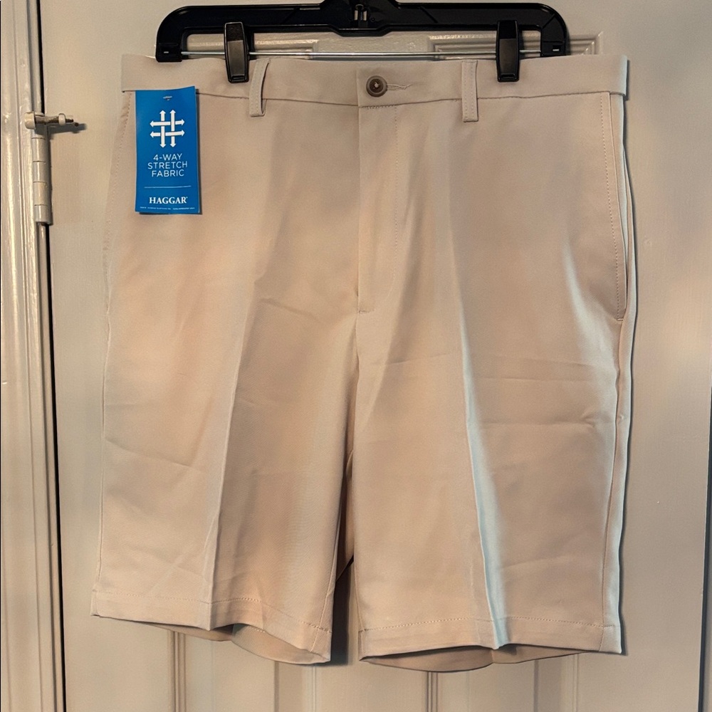 Haggar 4-Way Stretch Waist Expand Cool 18 Pro UV Sun Protection Beige Shorts NWT